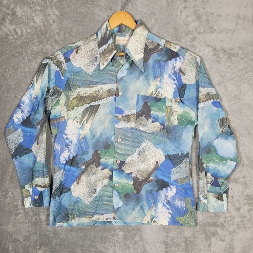 Vintage Sears Shirt Mens Large Kings Road Button Up Disco Water Waves AOP 70s